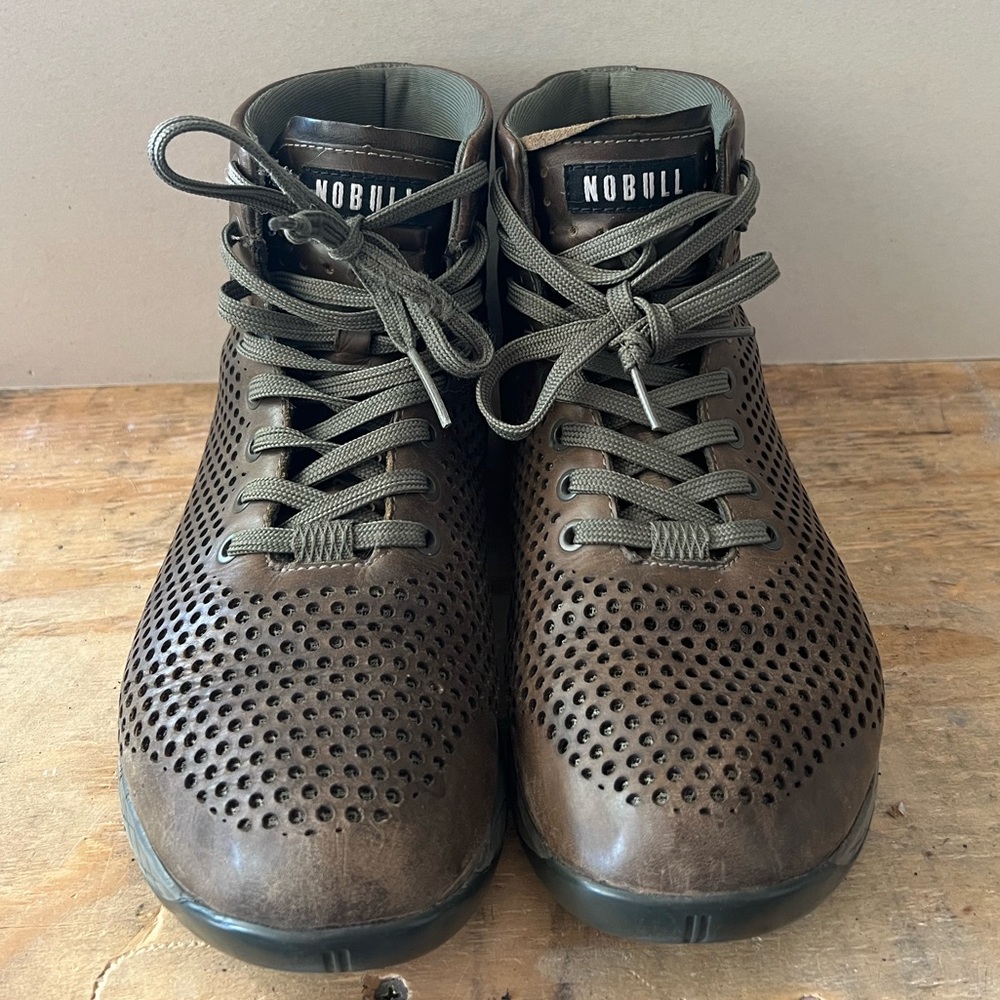 NoBull brown leather high top trainers. Men’s size 10; women’s size 11.5.
